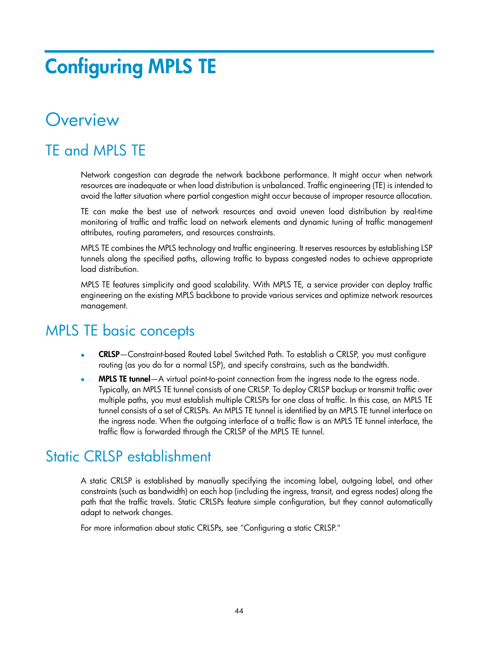 Configuring mpls te, Overview, Te and mpls te | Mpls te basic concepts, Static crlsp establishment | H3C Technologies H3C S12500-X Series Switches User Manual | Page 55 / 397