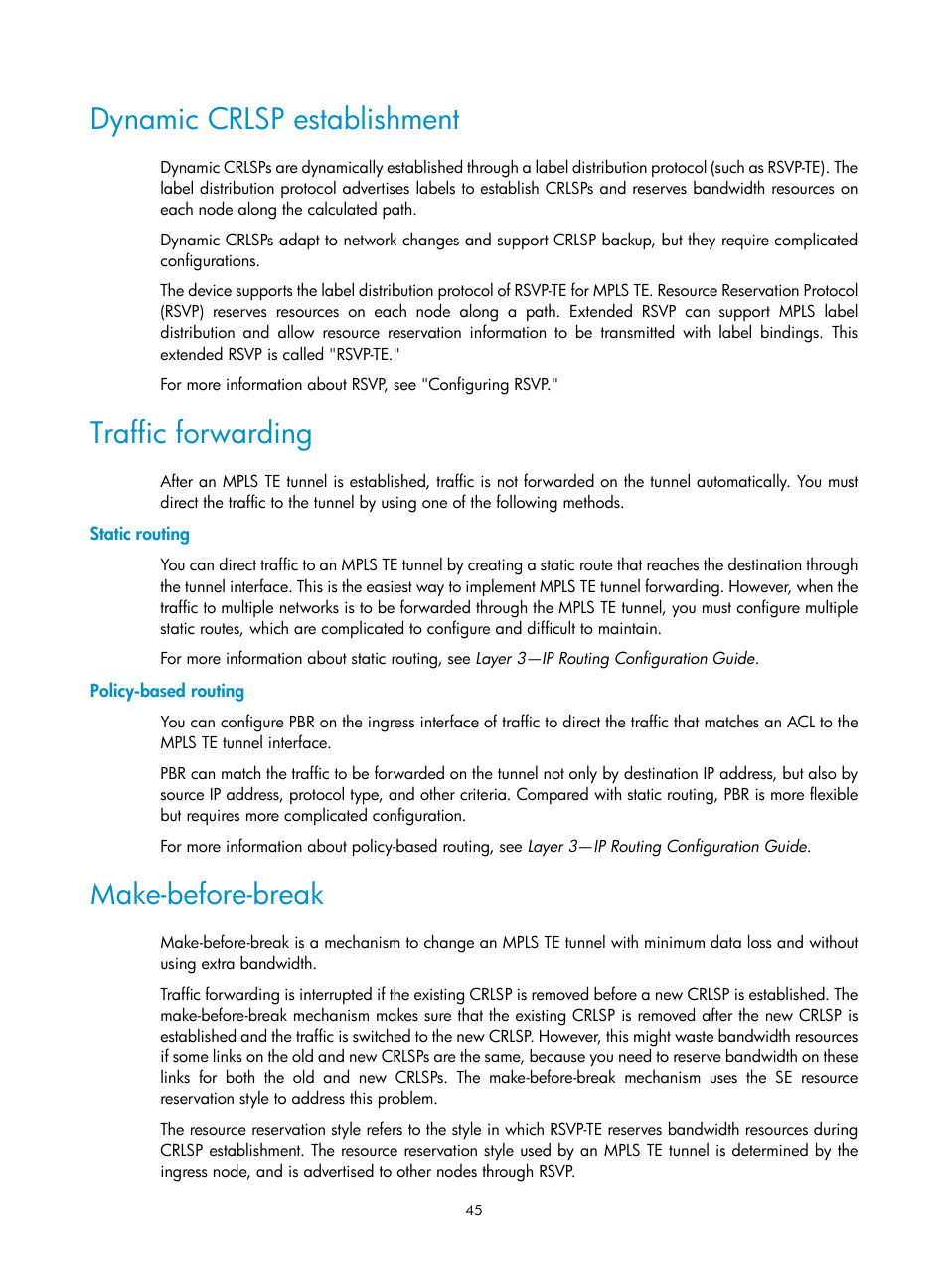 Dynamic crlsp establishment, Traffic forwarding, Static routing | Policy-based routing, Make-before-break | H3C Technologies H3C S12500-X Series Switches User Manual | Page 56 / 397