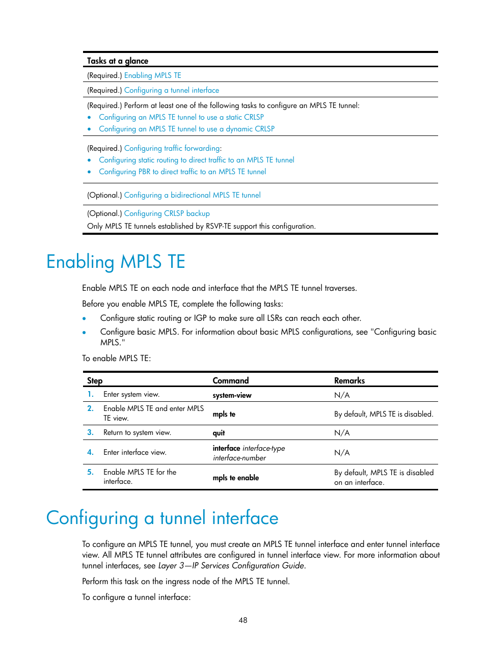 Enabling mpls te, Configuring a tunnel interface | H3C Technologies H3C S12500-X Series Switches User Manual | Page 59 / 397