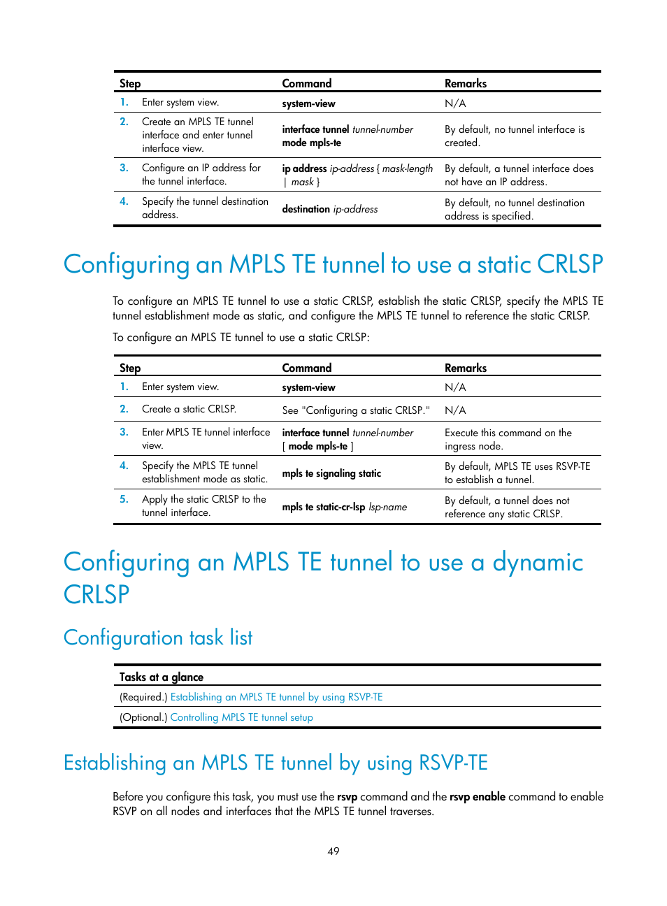 Configuration task list, Establishing an mpls te tunnel by using rsvp-te | H3C Technologies H3C S12500-X Series Switches User Manual | Page 60 / 397