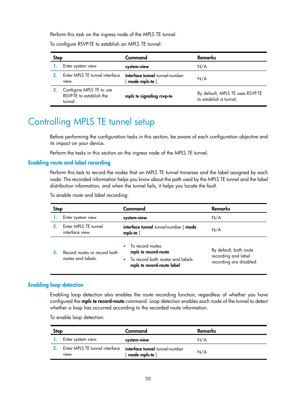 Controlling mpls te tunnel setup, Enabling route and label recording, Enabling loop detection | H3C Technologies H3C S12500-X Series Switches User Manual | Page 61 / 397