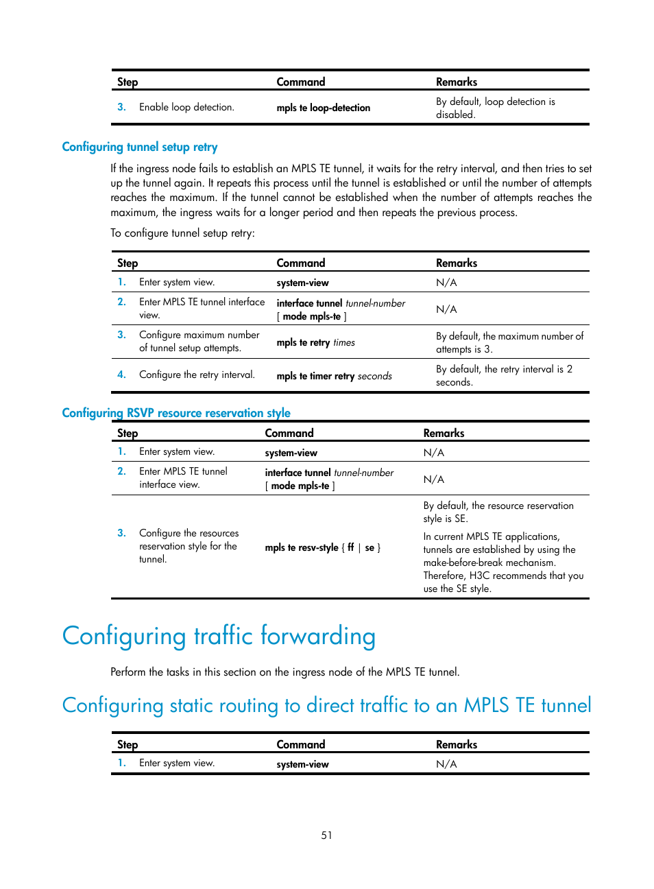 Configuring tunnel setup retry, Configuring rsvp resource reservation style, Configuring traffic forwarding | Required.) | H3C Technologies H3C S12500-X Series Switches User Manual | Page 62 / 397