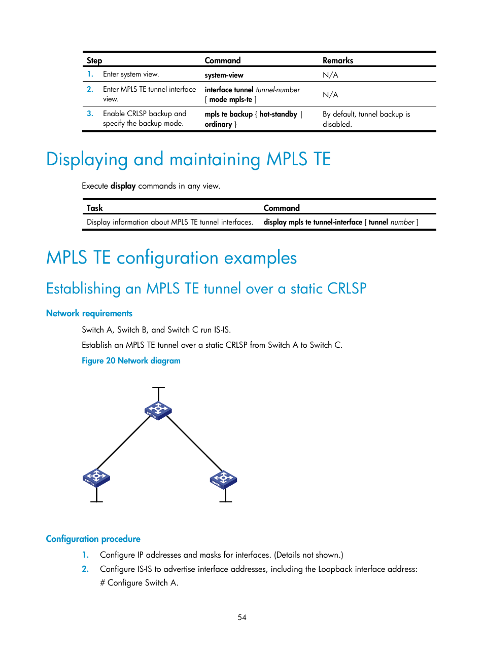 Displaying and maintaining mpls te, Mpls te configuration examples, Establishing an mpls te tunnel over a static crlsp | Network requirements, Configuration procedure | H3C Technologies H3C S12500-X Series Switches User Manual | Page 65 / 397