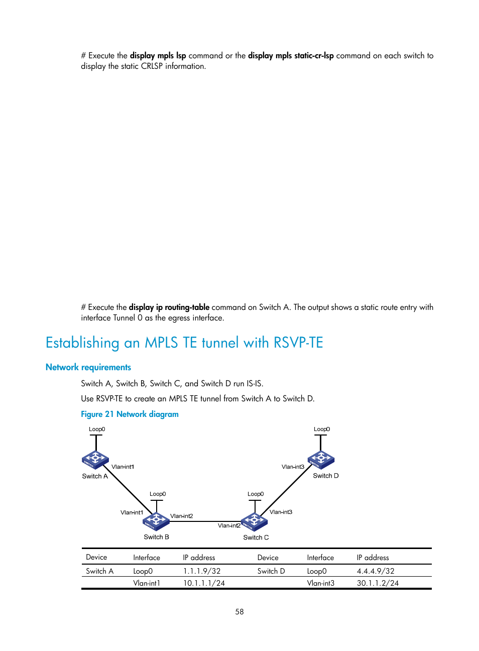 Establishing an mpls te tunnel with rsvp-te, Network requirements, Configuring mpls te | Overview, Te and mpls te | H3C Technologies H3C S12500-X Series Switches User Manual | Page 69 / 397