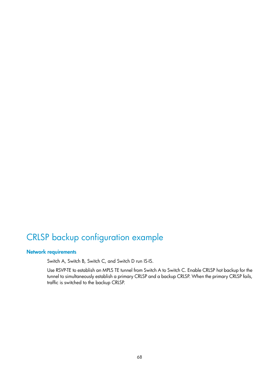 Crlsp backup configuration example, Network requirements, Controlling mpls te tunnel setup | H3C Technologies H3C S12500-X Series Switches User Manual | Page 79 / 397