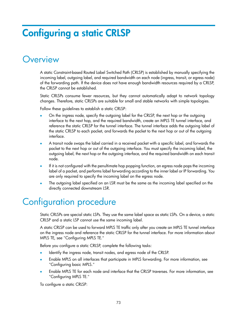 Configuring a static crlsp, Overview, Configuration procedure | Displaying and maintaining mpls te, Mpls te configuration examples | H3C Technologies H3C S12500-X Series Switches User Manual | Page 84 / 397