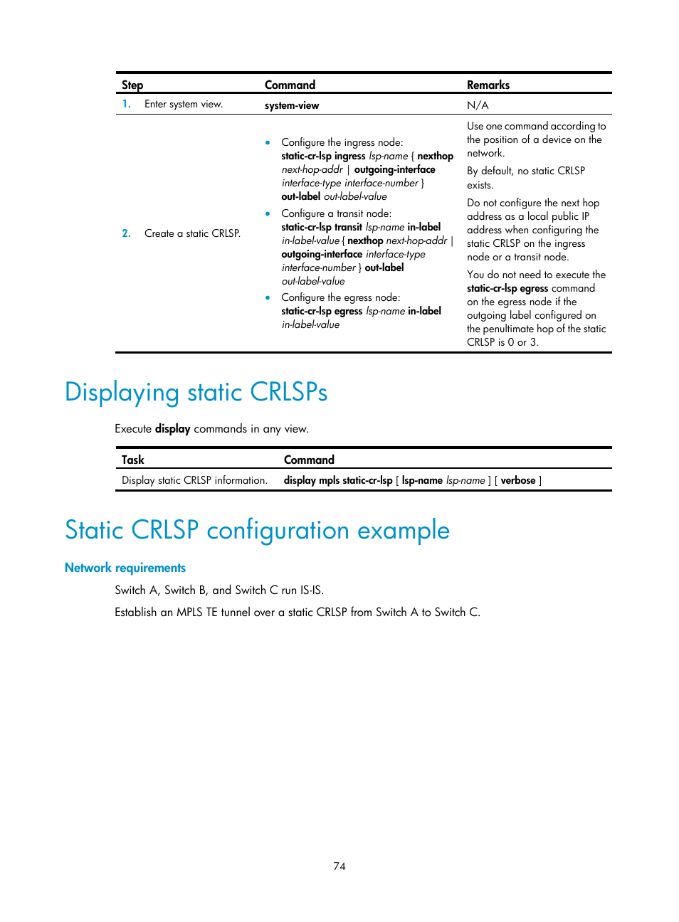 Displaying static crlsps, Static crlsp configuration example, Network requirements | Establishing an mpls te tunnel over a static crlsp | H3C Technologies H3C S12500-X Series Switches User Manual | Page 85 / 397