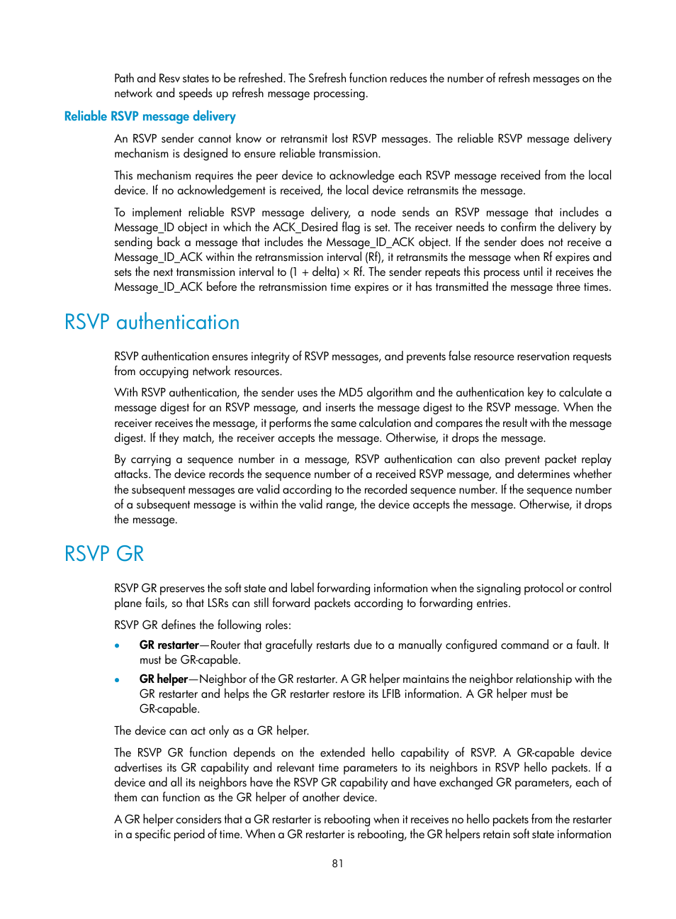 Reliable rsvp message delivery, Rsvp authentication, Rsvp gr | H3C Technologies H3C S12500-X Series Switches User Manual | Page 92 / 397