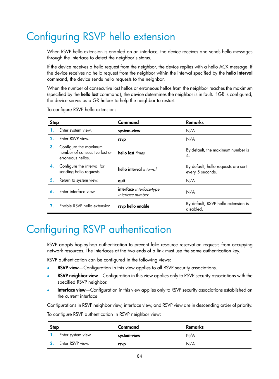 Configuring rsvp hello extension, Configuring rsvp authentication | H3C Technologies H3C S12500-X Series Switches User Manual | Page 95 / 397