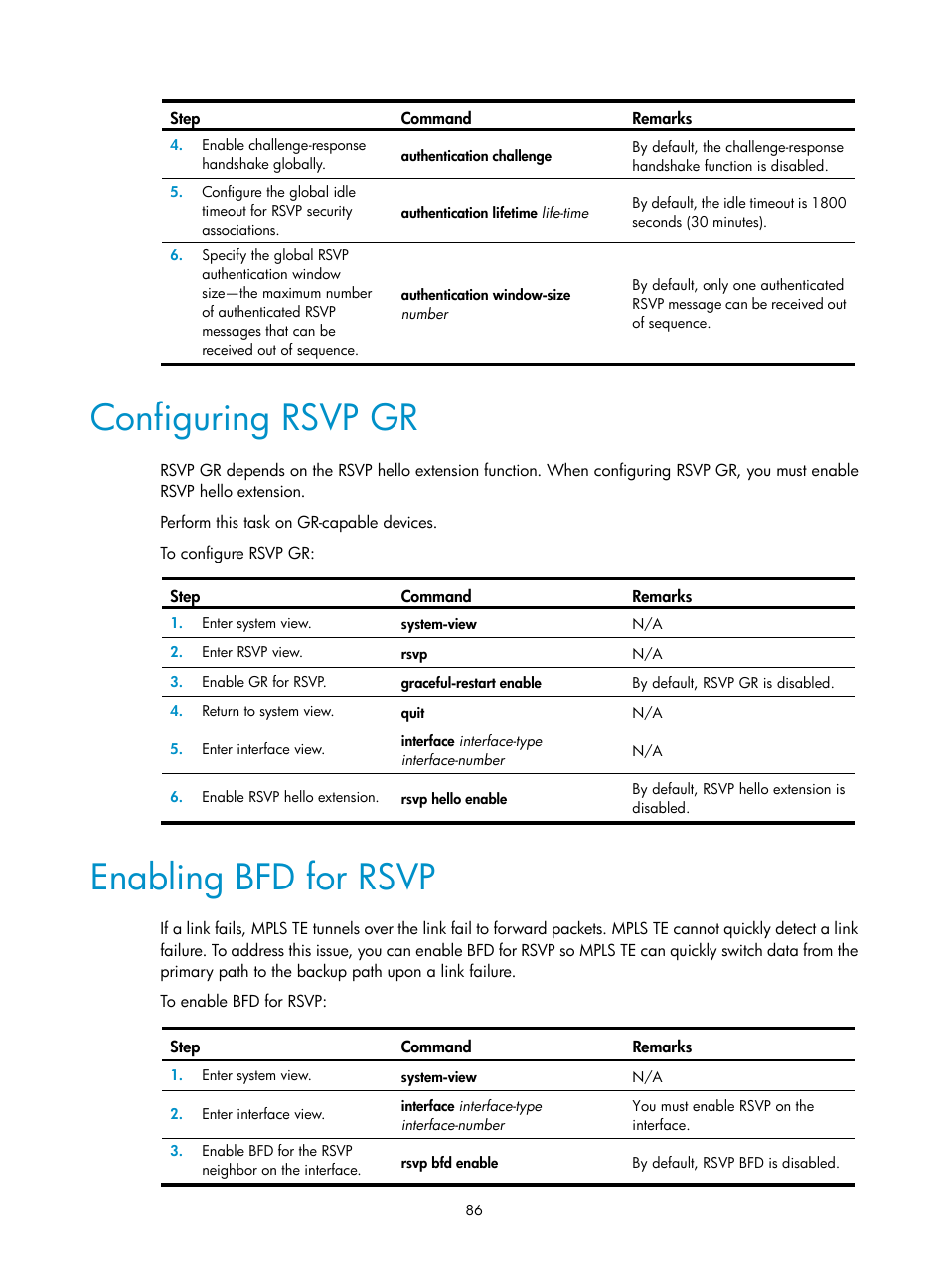 Configuring rsvp gr, Enabling bfd for rsvp | H3C Technologies H3C S12500-X Series Switches User Manual | Page 97 / 397