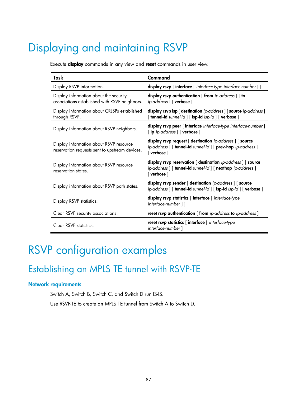 Displaying and maintaining rsvp, Rsvp configuration examples, Establishing an mpls te tunnel with rsvp-te | Network requirements | H3C Technologies H3C S12500-X Series Switches User Manual | Page 98 / 397