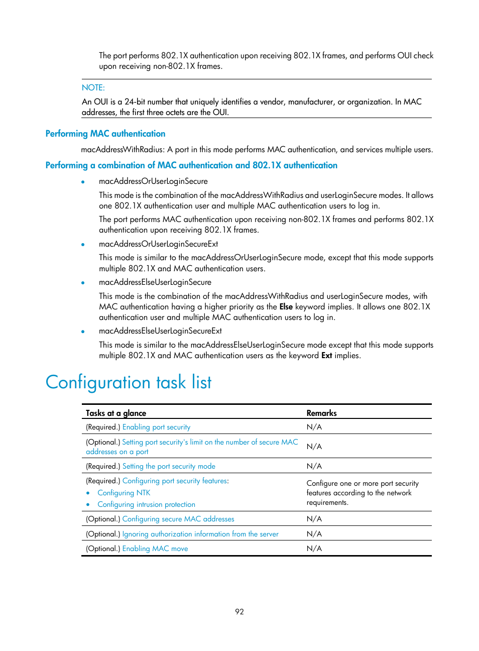Specifying an access control method, Configuration task list | H3C Technologies H3C S12500-X Series Switches User Manual | Page 104 / 294