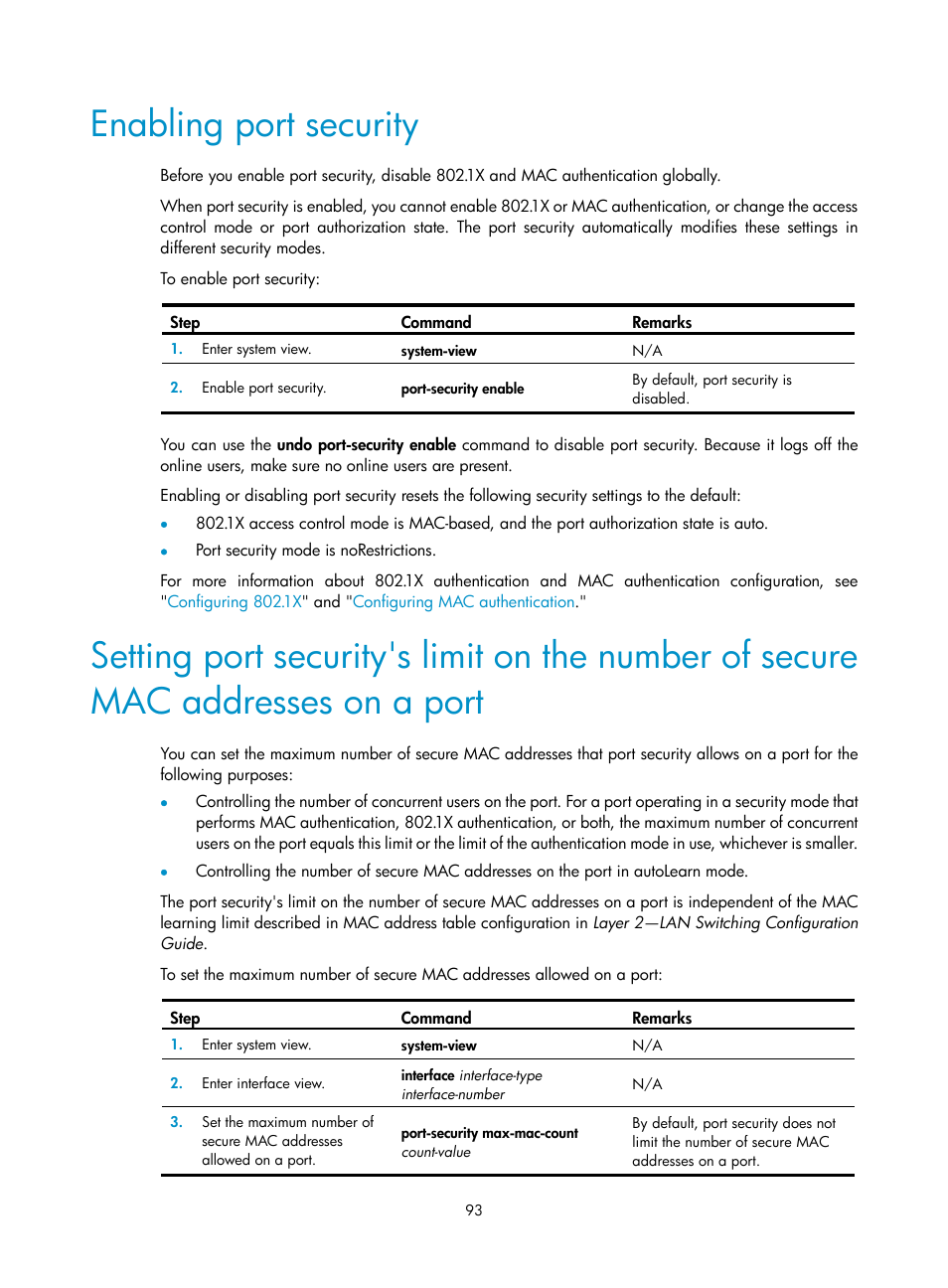 Enabling port security | H3C Technologies H3C S12500-X Series Switches User Manual | Page 105 / 294