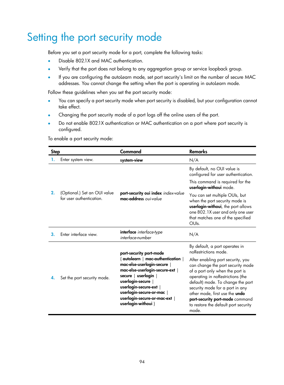 Setting the 802.1x authentication timeout timers, Setting the port security mode | H3C Technologies H3C S12500-X Series Switches User Manual | Page 106 / 294