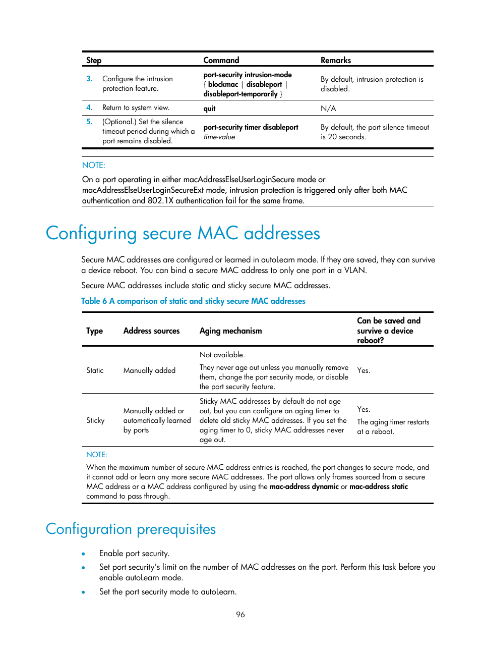 Configuring the online user handshake function, Configuring the authentication trigger function, Configuring secure mac addresses | Configuration prerequisites | H3C Technologies H3C S12500-X Series Switches User Manual | Page 108 / 294