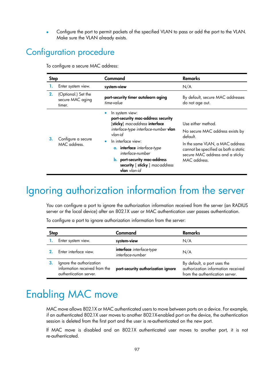 Configuration guidelines, Configuration procedure, Ignoring authorization information from the server | Enabling mac move | H3C Technologies H3C S12500-X Series Switches User Manual | Page 109 / 294