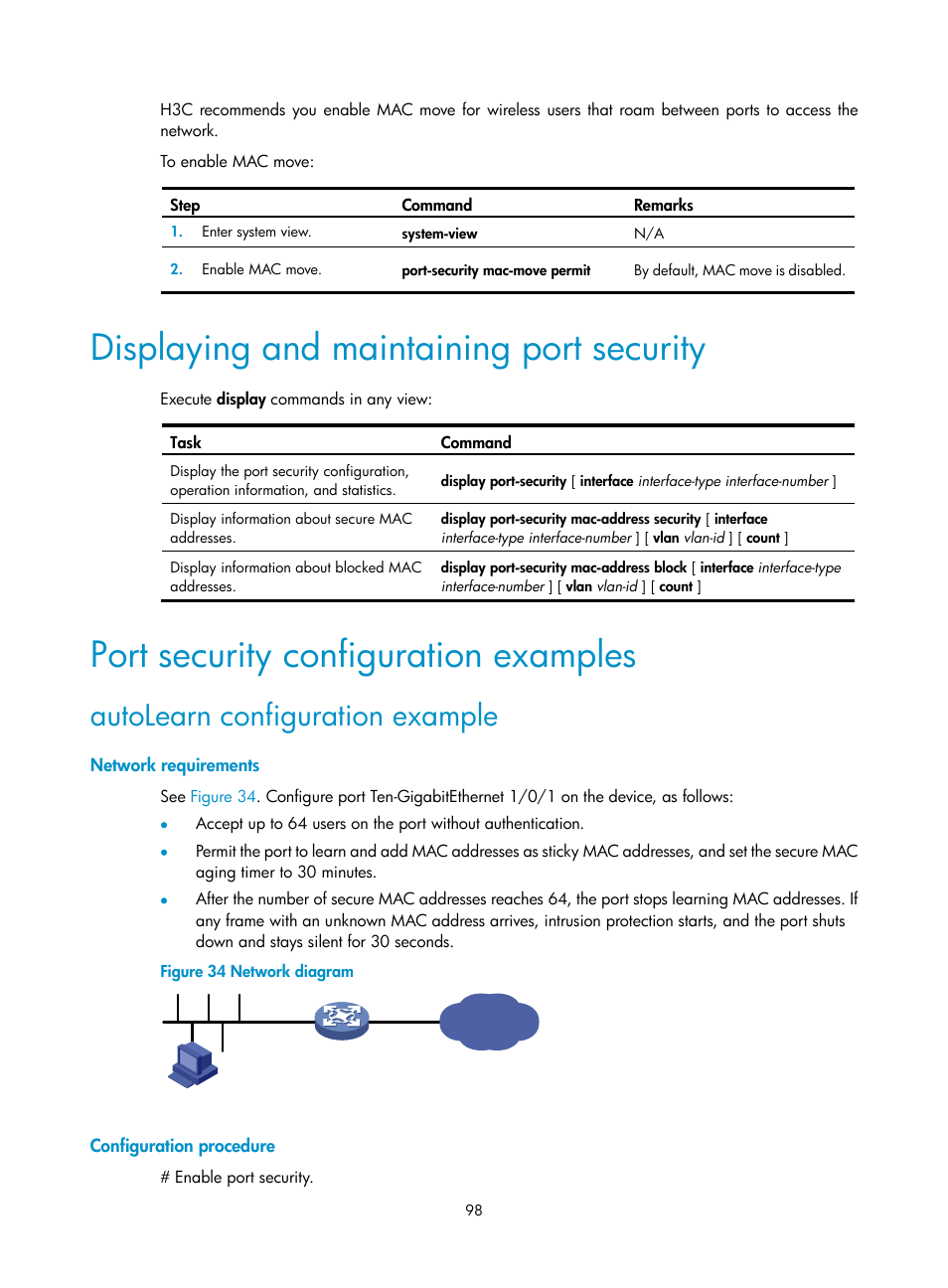 Displaying and maintaining port security, Port security configuration examples, Autolearn configuration example | H3C Technologies H3C S12500-X Series Switches User Manual | Page 110 / 294