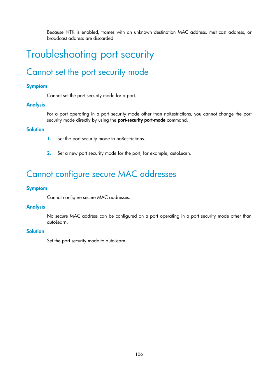 User account policies, Authentication methods, Troubleshooting port security | Cannot set the port security mode, Cannot configure secure mac addresses | H3C Technologies H3C S12500-X Series Switches User Manual | Page 118 / 294