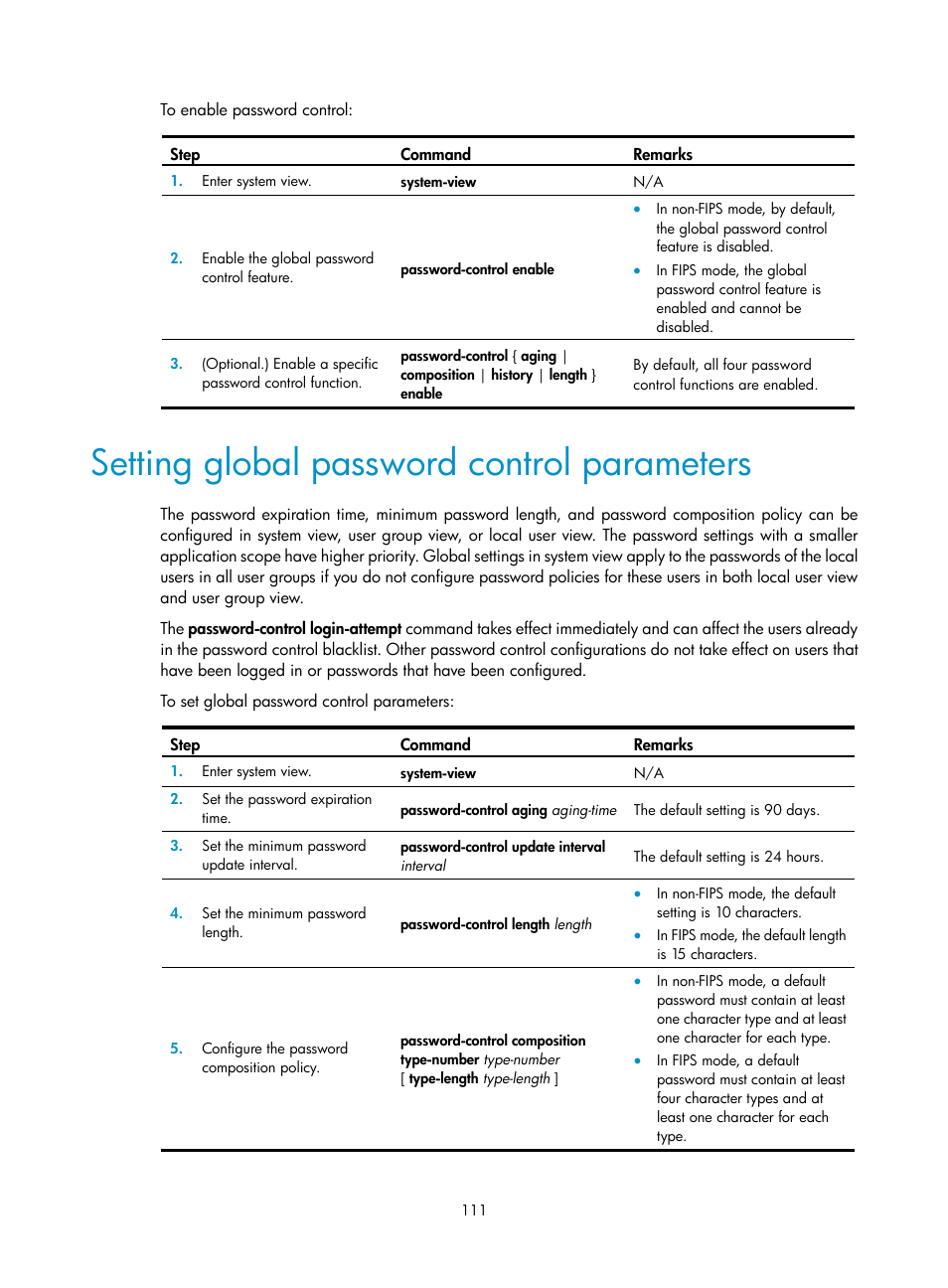 Setting global password control parameters | H3C Technologies H3C S12500-X Series Switches User Manual | Page 123 / 294