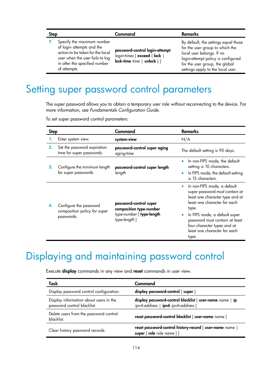 Mac authentication configuration examples, Local mac authentication configuration example, Setting super password control parameters | Displaying and maintaining password control | H3C Technologies H3C S12500-X Series Switches User Manual | Page 126 / 294