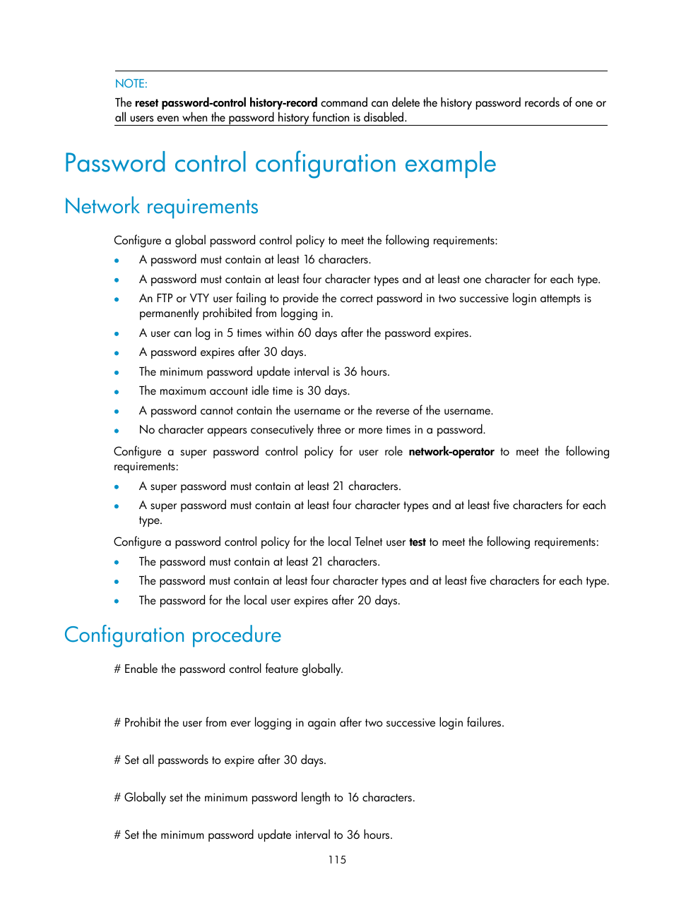 Password control configuration example, Network requirements, Configuration procedure | H3C Technologies H3C S12500-X Series Switches User Manual | Page 127 / 294