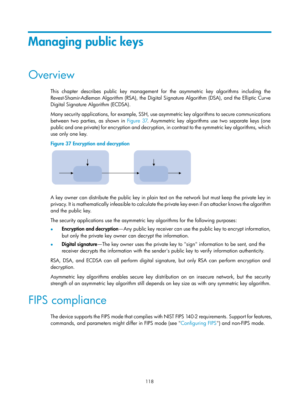 Managing public keys, Overview, Fips compliance | H3C Technologies H3C S12500-X Series Switches User Manual | Page 130 / 294