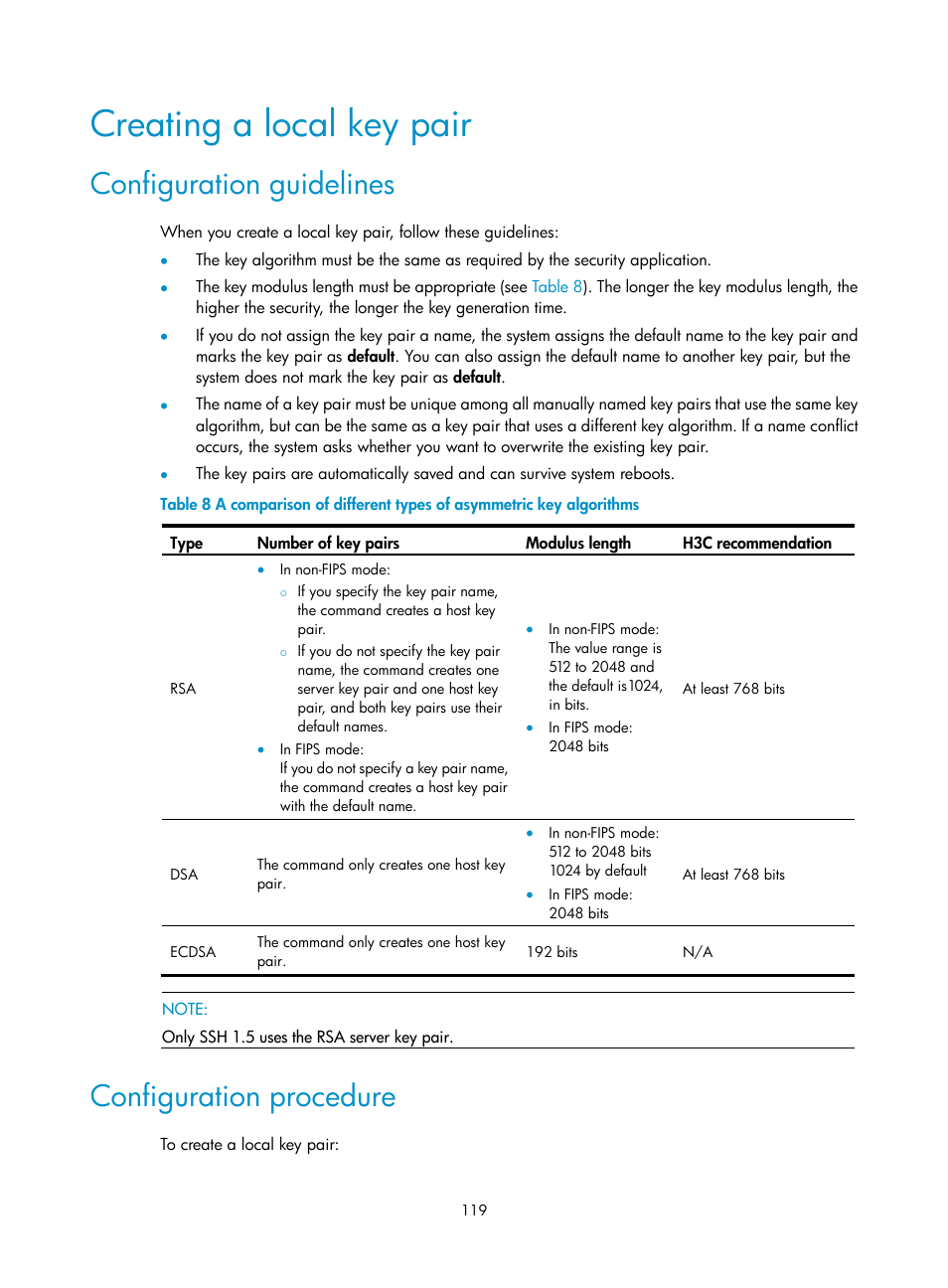 Configuring port security, Overview, Creating a local key pair | Configuration guidelines, Configuration procedure | H3C Technologies H3C S12500-X Series Switches User Manual | Page 131 / 294