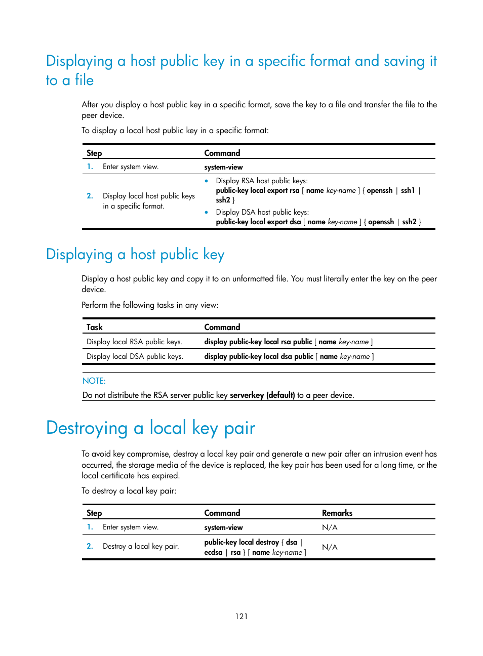 Destroying a local key pair, Displaying a host public key | H3C Technologies H3C S12500-X Series Switches User Manual | Page 133 / 294