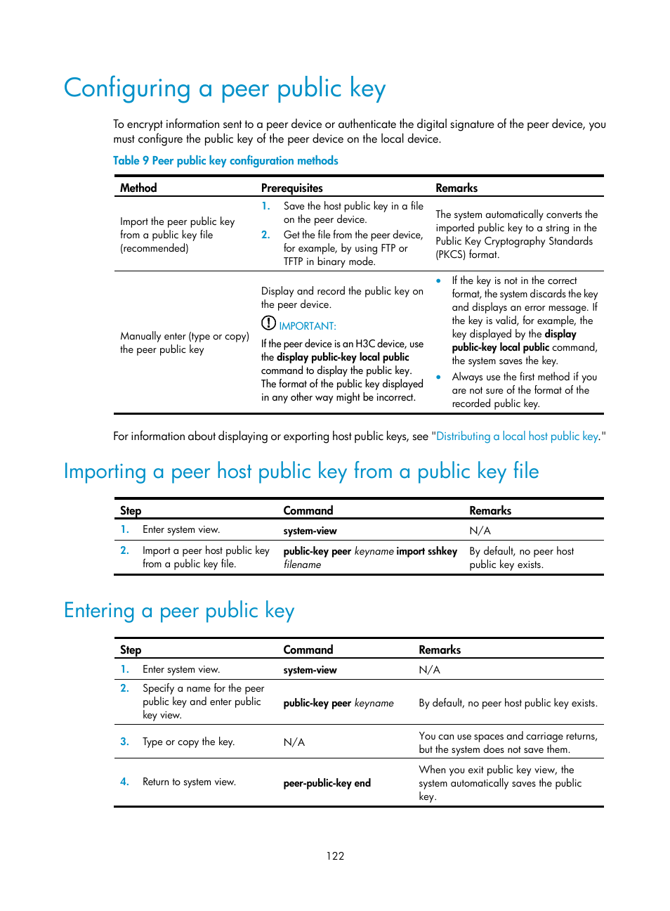 Configuring a peer public key, Entering a peer public key | H3C Technologies H3C S12500-X Series Switches User Manual | Page 134 / 294