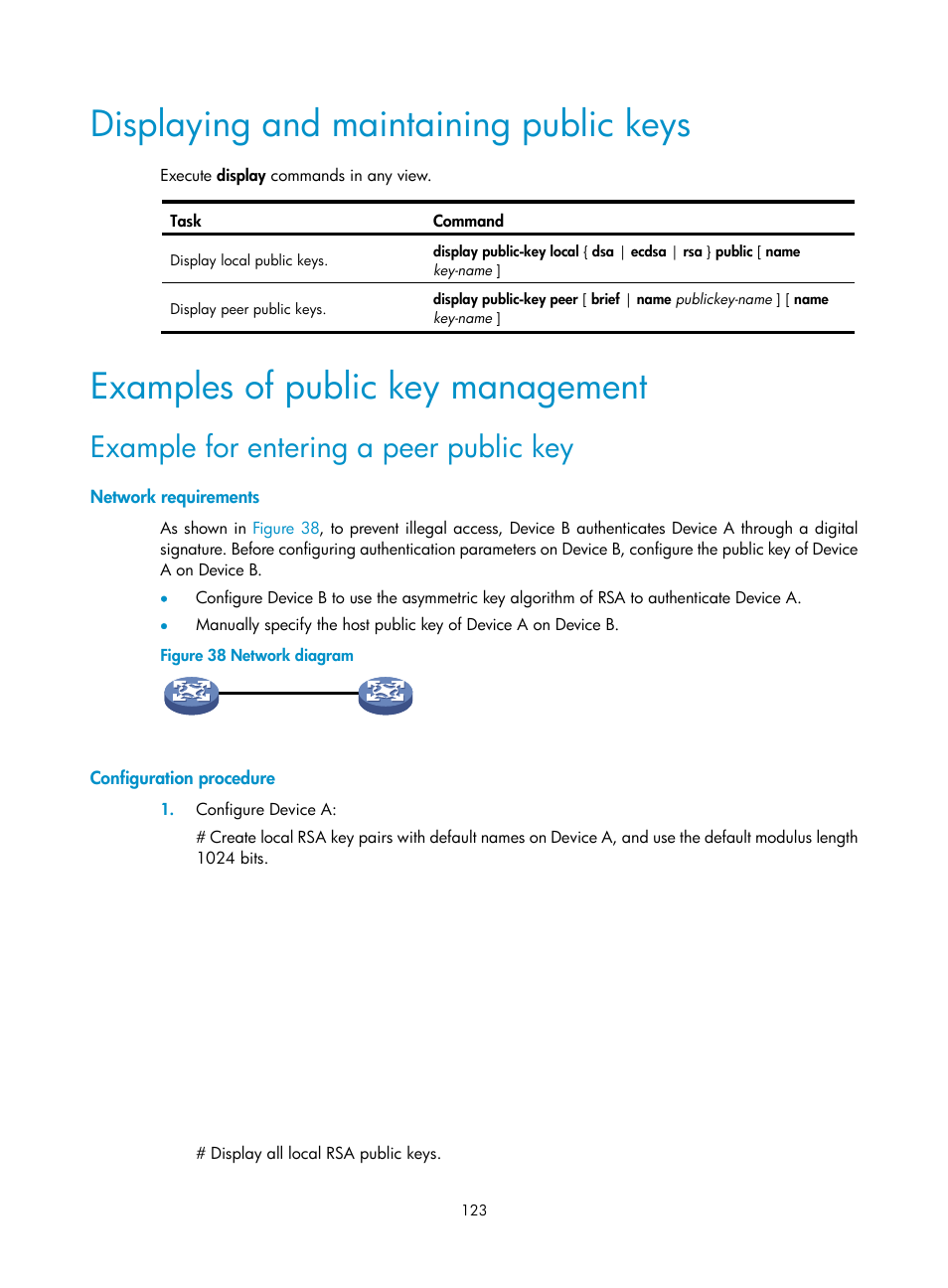 Configuration task list, Displaying and maintaining public keys, Examples of public key management | Example for entering a peer public key | H3C Technologies H3C S12500-X Series Switches User Manual | Page 135 / 294