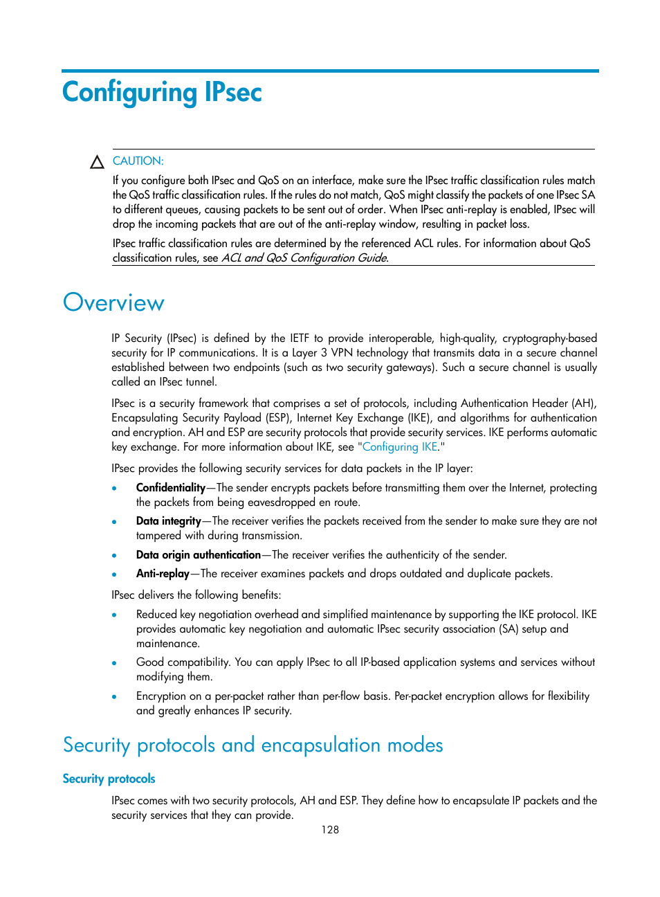 Configuring intrusion protection, Configuring ipsec, Overview | Security protocols and encapsulation modes | H3C Technologies H3C S12500-X Series Switches User Manual | Page 140 / 294