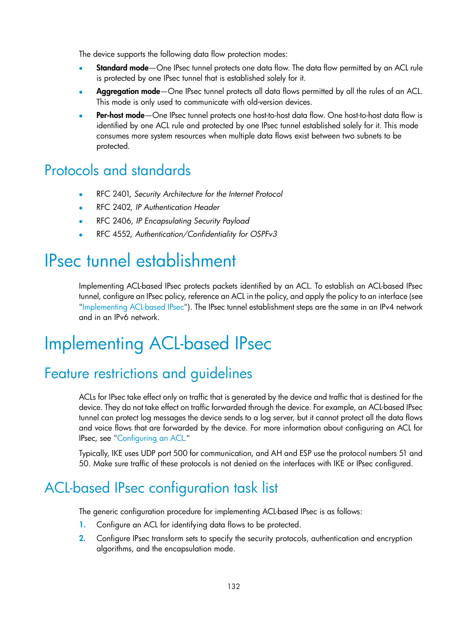 Displaying and maintaining port security, Port security configuration examples, Autolearn configuration example | Ipsec tunnel establishment, Implementing acl-based ipsec, Protocols and standards, Feature restrictions and guidelines, Acl-based ipsec configuration task list | H3C Technologies H3C S12500-X Series Switches User Manual | Page 144 / 294