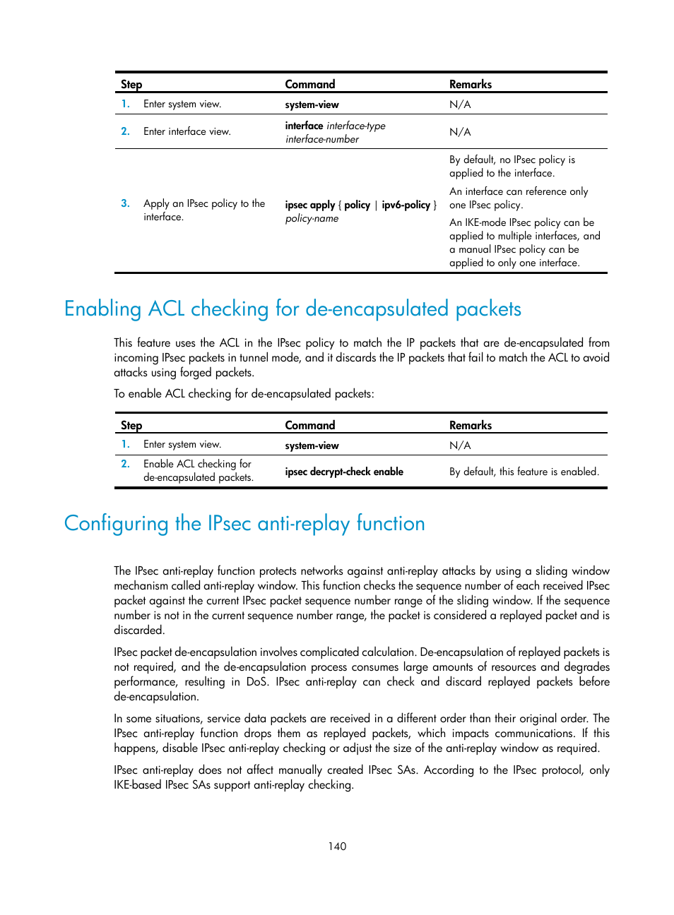 Enabling acl checking for de-encapsulated packets, Configuring the ipsec anti-replay function | H3C Technologies H3C S12500-X Series Switches User Manual | Page 152 / 294