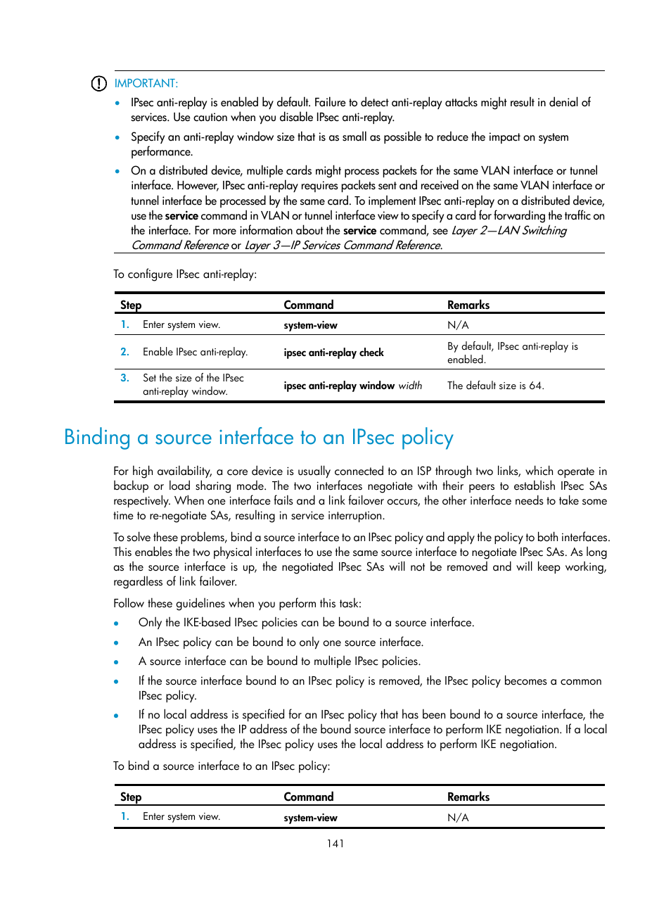 Binding a source interface to an ipsec policy | H3C Technologies H3C S12500-X Series Switches User Manual | Page 153 / 294