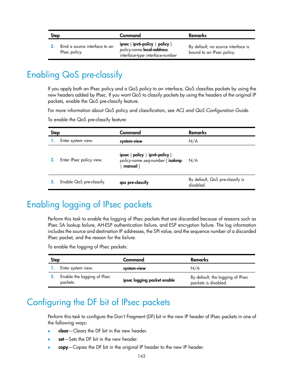 Troubleshooting port security, Cannot set the port security mode, Enabling qos pre-classify | Enabling logging of ipsec packets, Configuring the df bit of ipsec packets | H3C Technologies H3C S12500-X Series Switches User Manual | Page 154 / 294