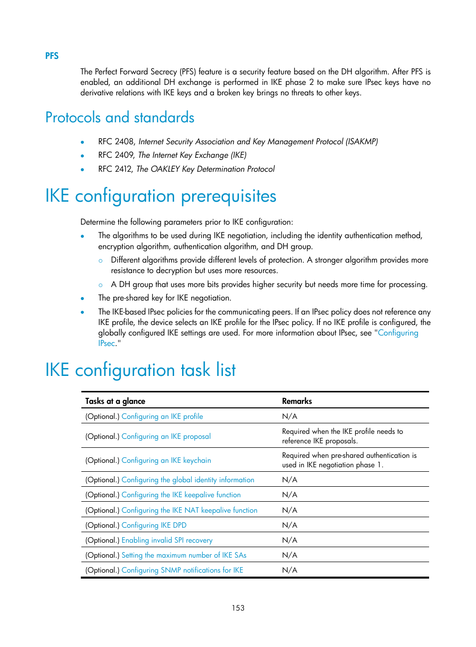 Setting local user password control parameters, Ike configuration prerequisites, Ike configuration task list | Protocols and standards | H3C Technologies H3C S12500-X Series Switches User Manual | Page 165 / 294