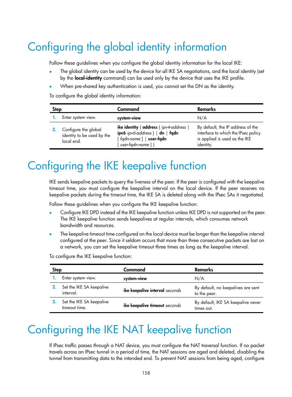 Configuration procedure, Configuring the global identity information, Configuring the ike keepalive function | Configuring the ike nat keepalive function | H3C Technologies H3C S12500-X Series Switches User Manual | Page 170 / 294