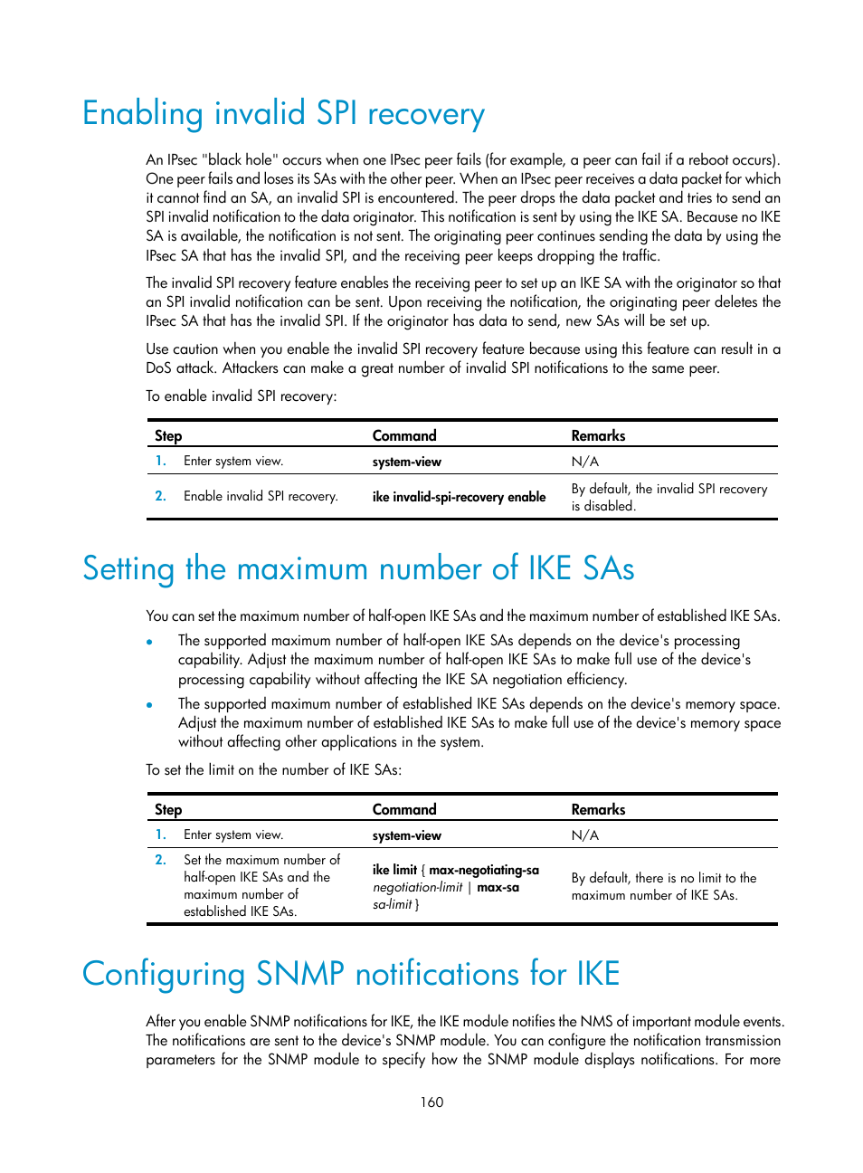 Enabling invalid spi recovery, Setting the maximum number of ike sas, Configuring snmp notifications for ike | H3C Technologies H3C S12500-X Series Switches User Manual | Page 172 / 294