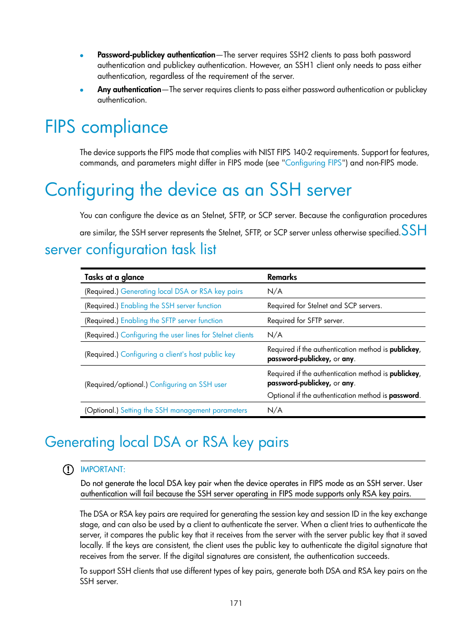 Fips compliance, Configuring the device as an ssh server, Ssh server configuration task list | Generating local dsa or rsa key pairs | H3C Technologies H3C S12500-X Series Switches User Manual | Page 183 / 294
