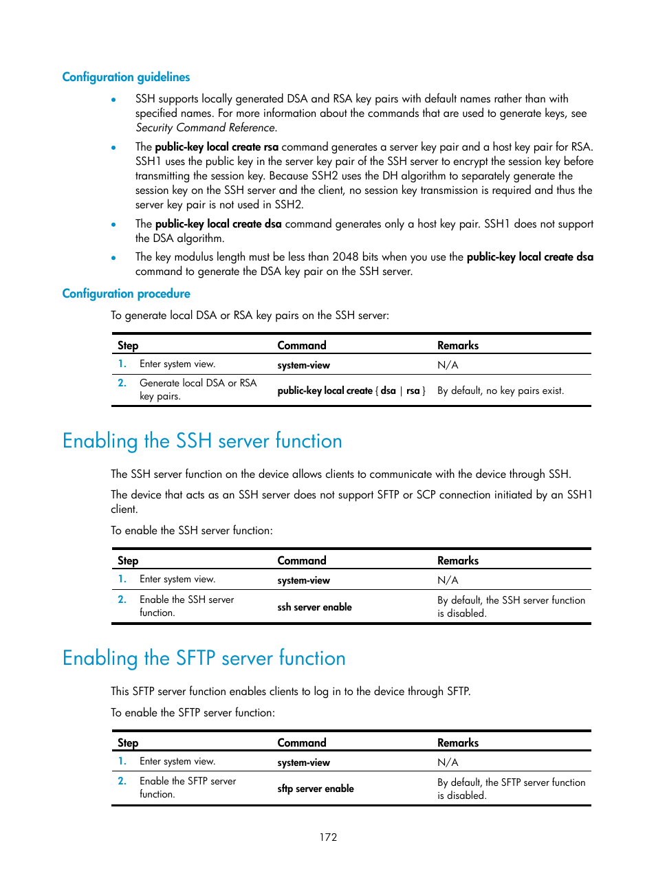 Enabling the ssh server function, Enabling the sftp server function | H3C Technologies H3C S12500-X Series Switches User Manual | Page 184 / 294