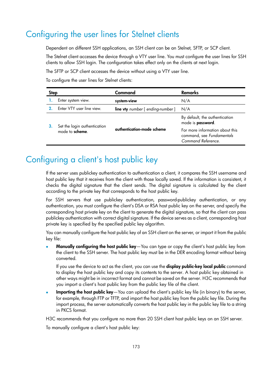 Configuring the user lines for stelnet clients, Configuring a client's host public key | H3C Technologies H3C S12500-X Series Switches User Manual | Page 185 / 294