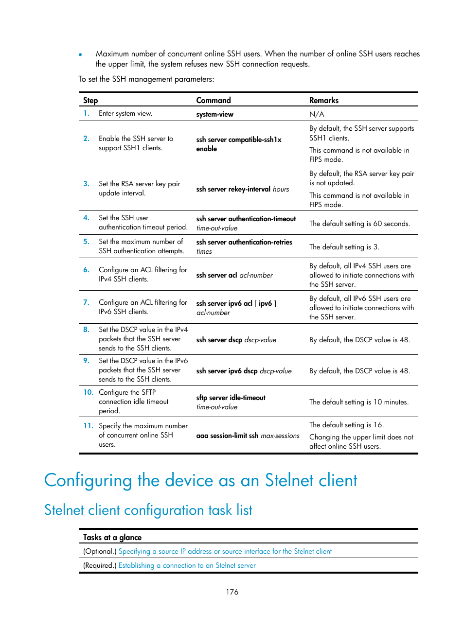 Security protocols and encapsulation modes, Configuring the device as an stelnet client, Stelnet client configuration task list | H3C Technologies H3C S12500-X Series Switches User Manual | Page 188 / 294