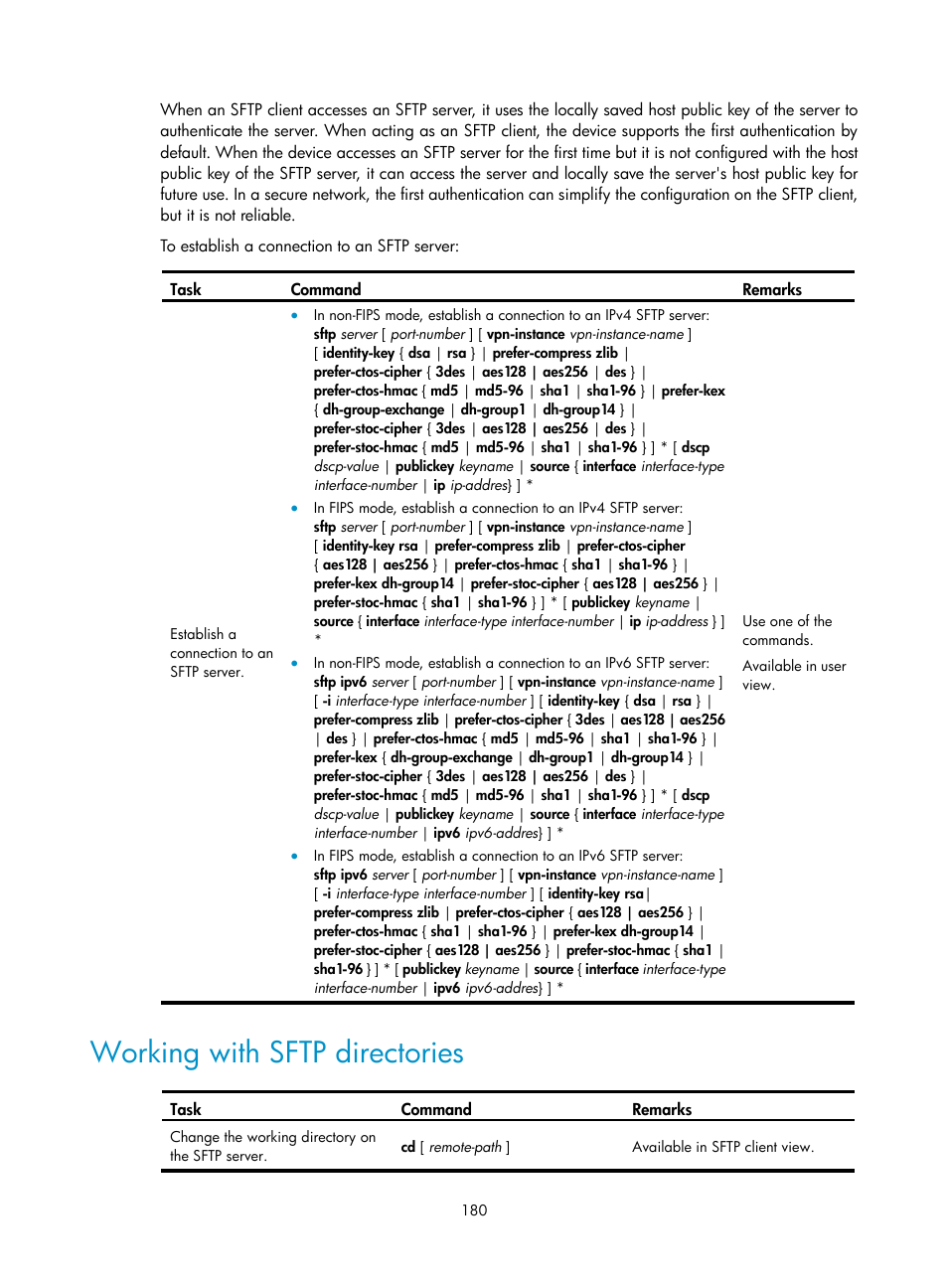 Protocols and standards, Working with sftp directories | H3C Technologies H3C S12500-X Series Switches User Manual | Page 192 / 294