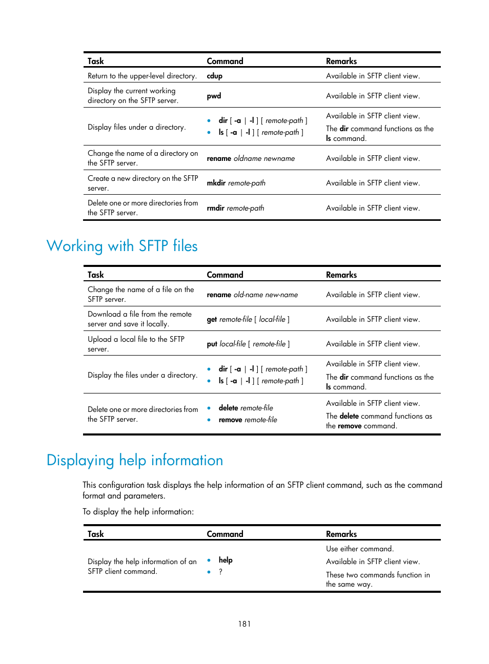Ipsec tunnel establishment, Implementing acl-based ipsec, Feature restrictions and guidelines | Working with sftp files, Displaying help information | H3C Technologies H3C S12500-X Series Switches User Manual | Page 193 / 294