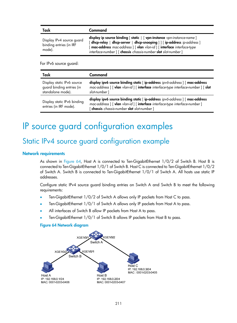 Configuring an ike proposal, Ip source guard configuration examples, Static ipv4 source guard configuration example | H3C Technologies H3C S12500-X Series Switches User Manual | Page 223 / 294