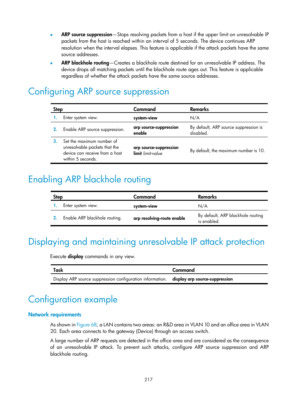 Enabling invalid spi recovery, Setting the maximum number of ike sas, Configuring arp source suppression | Enabling arp blackhole routing, Configuration example | H3C Technologies H3C S12500-X Series Switches User Manual | Page 229 / 294
