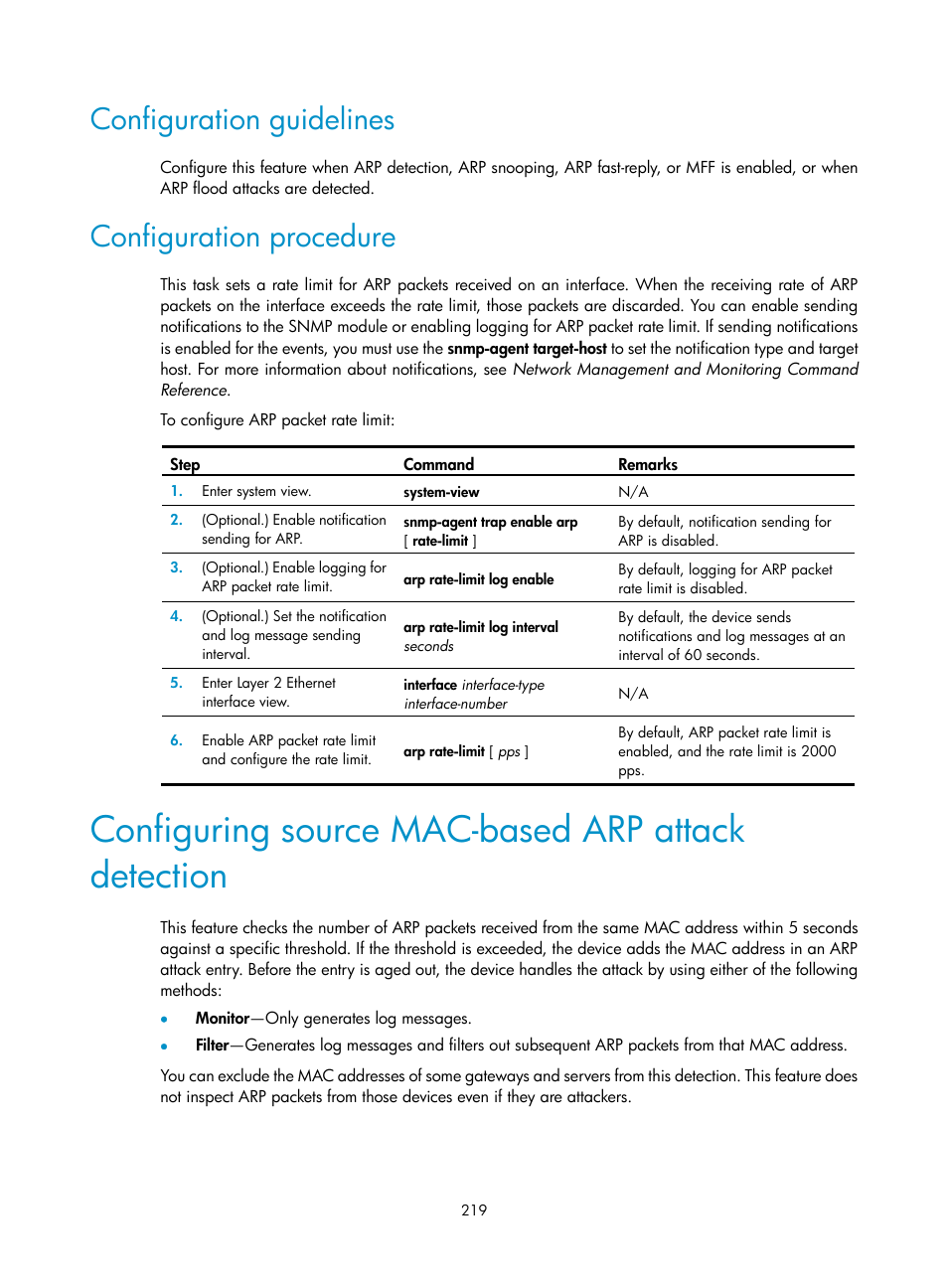 Configuring snmp notifications for ike, Configuring source mac-based arp attack detection, Configuration guidelines | Configuration procedure | H3C Technologies H3C S12500-X Series Switches User Manual | Page 231 / 294