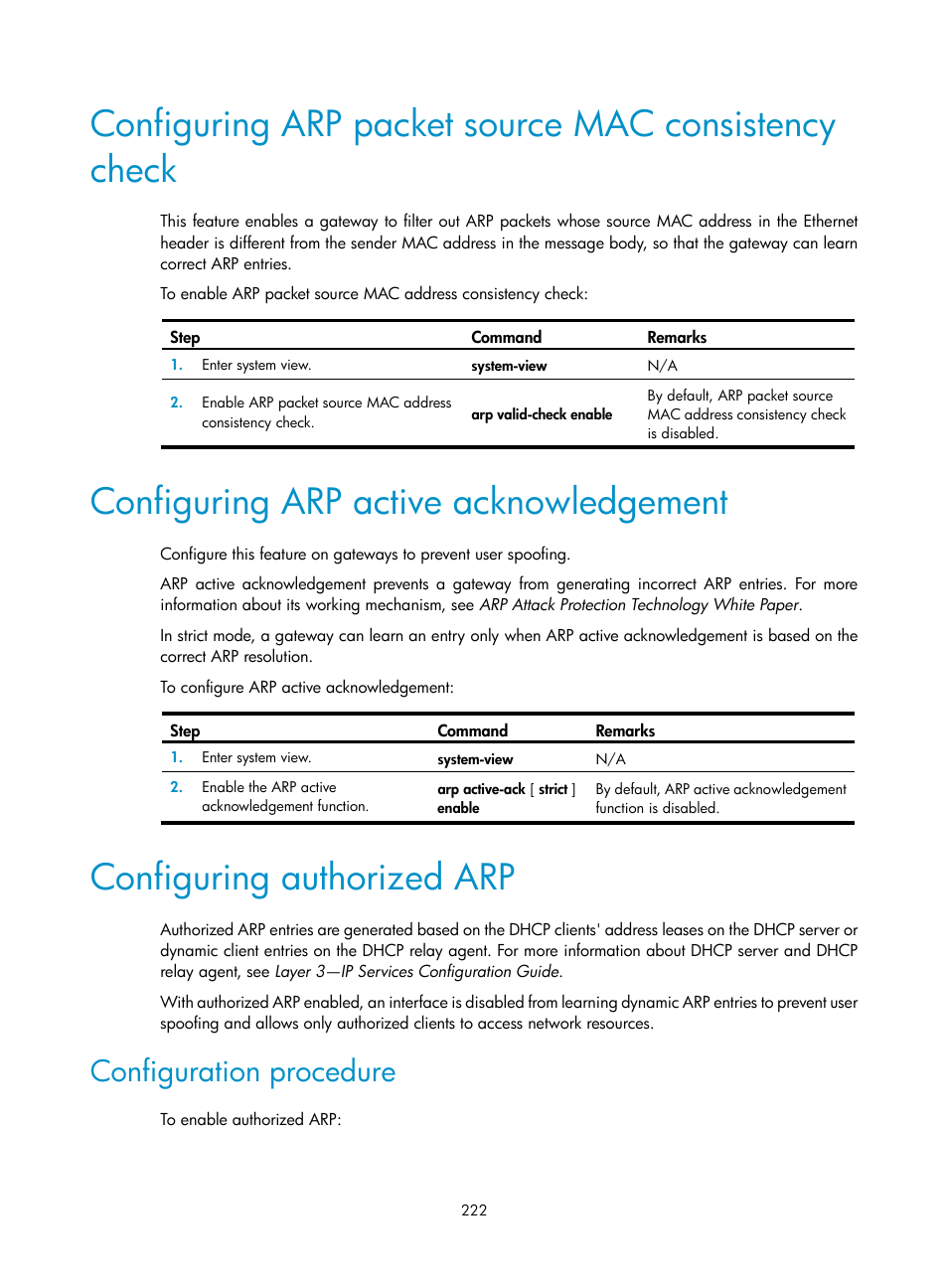 Configuring arp active acknowledgement, Configuring authorized arp, Configuration procedure | H3C Technologies H3C S12500-X Series Switches User Manual | Page 234 / 294