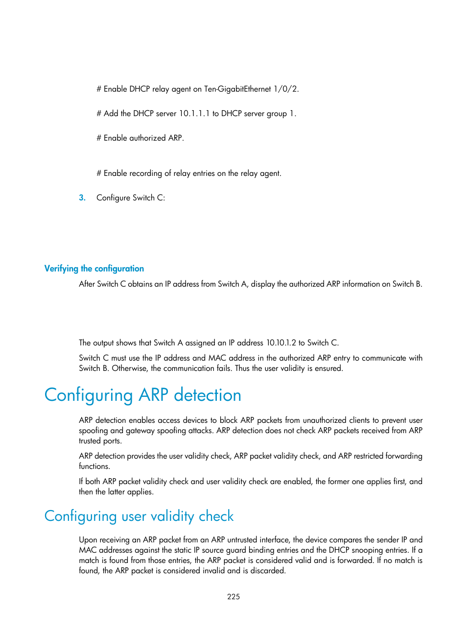 Configuring arp detection, Configuring user validity check | H3C Technologies H3C S12500-X Series Switches User Manual | Page 237 / 294