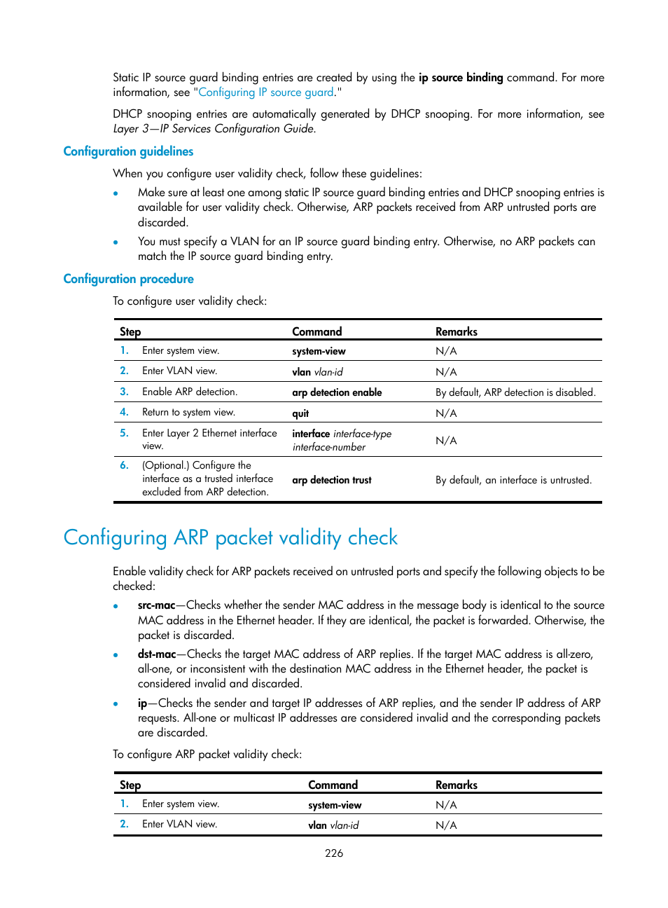 Configuring arp packet validity check | H3C Technologies H3C S12500-X Series Switches User Manual | Page 238 / 294
